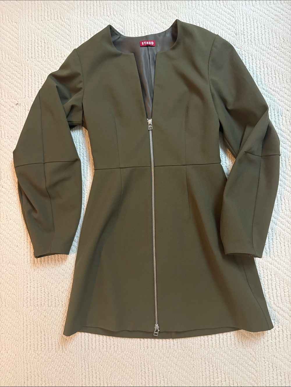 STAUD Olive Green Zip-Front Long Sleeve Dress
